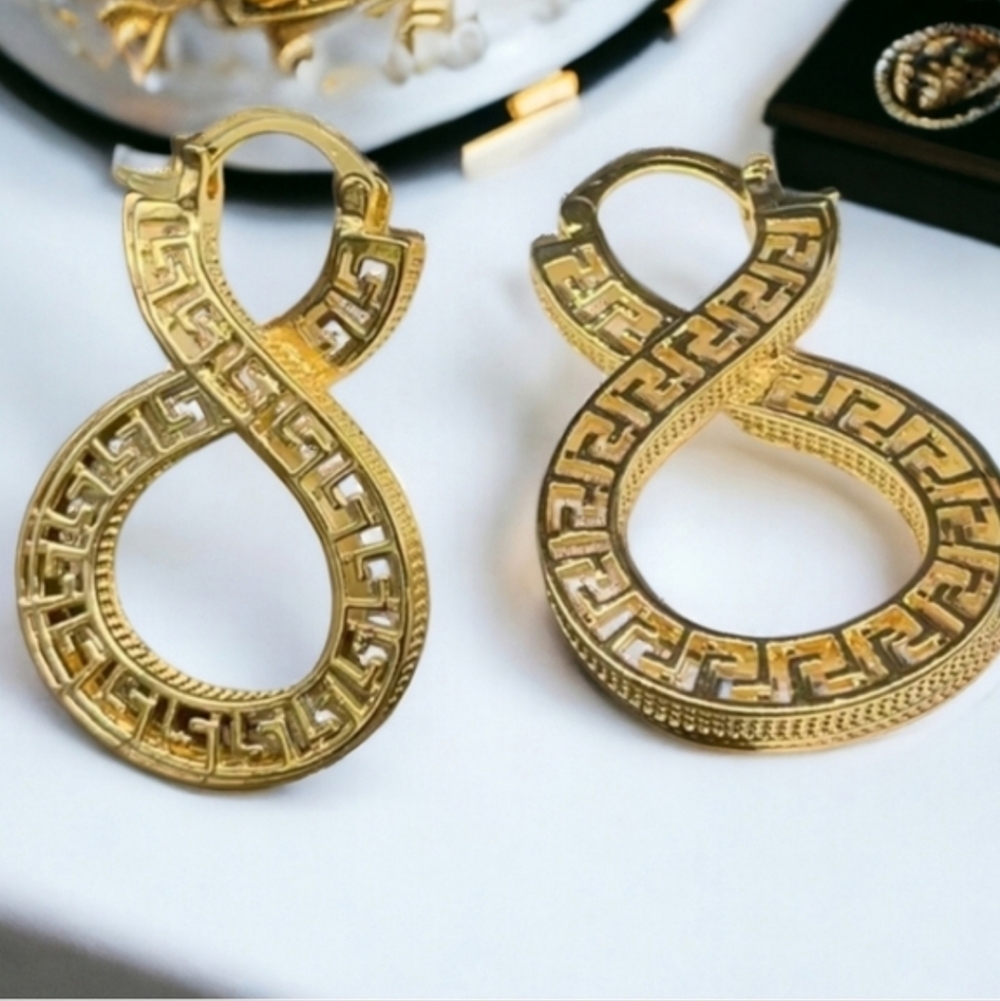 18kt Gold Plated Luxury Designer Greek Key Hoop Earrings